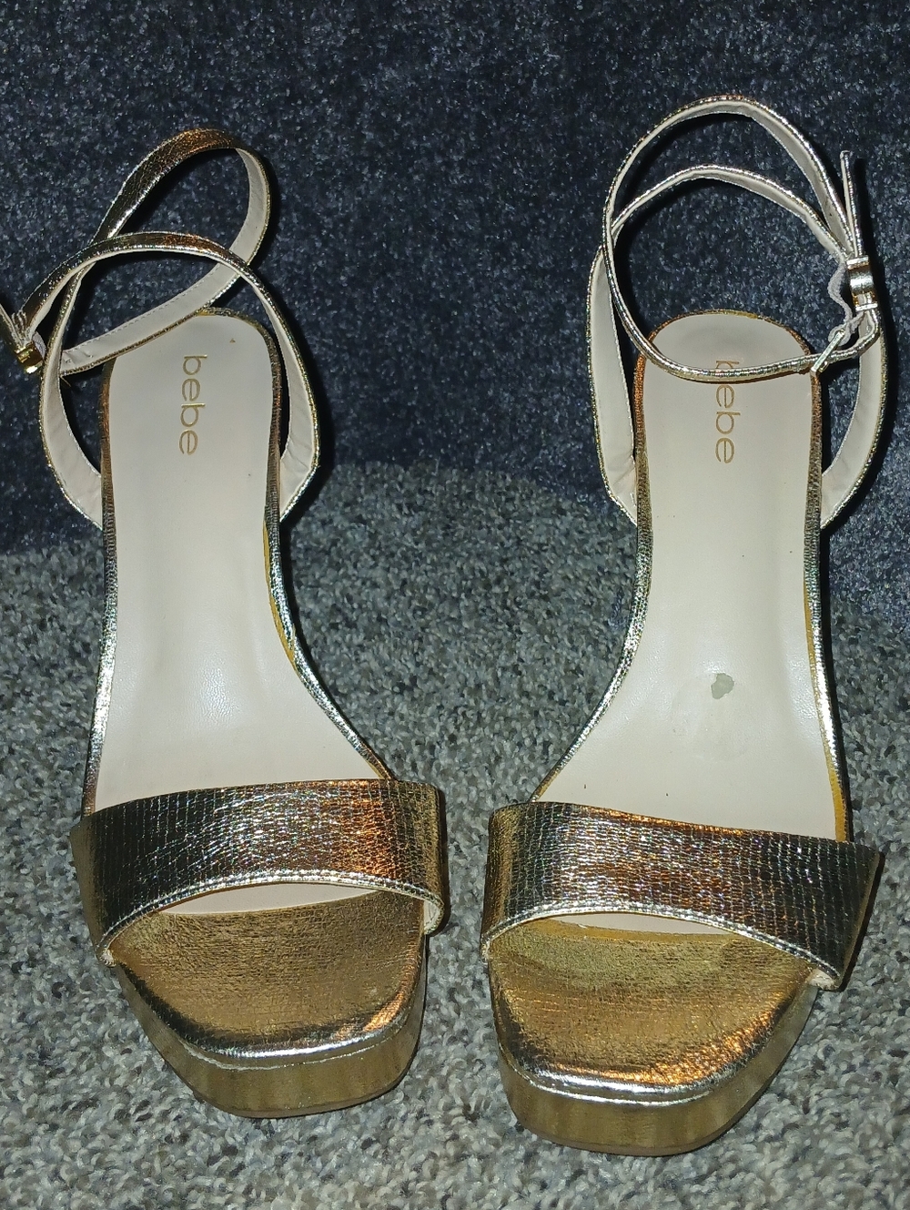 Bebe "Lera" Gold Metallic Chunky Heel Sandals with Ankle Strap Size 10